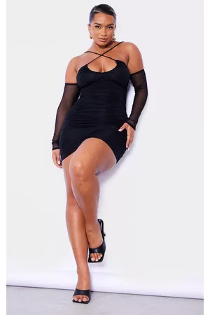 PRETTYLITTLETHING Shape Black Mesh Ruched Bardot Strap Detail Bodycon Dress