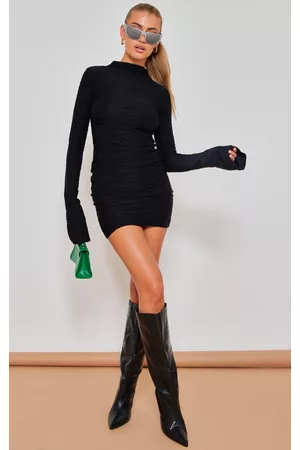 PRETTYLITTLETHING Black Textured Flared Long Sleeve Bodycon Dress