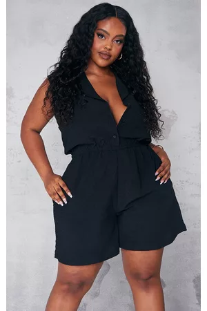 PRETTYLITTLETHING Women T-Shirts - Plus Black Textured Collar Detail Button Front Romper