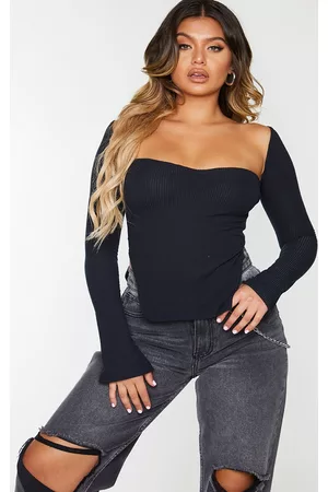 PRETTYLITTLETHING Women Long Sleeved Shirts - Black Rib Sweetheart Neck Dip Hem Long Sleeve Top