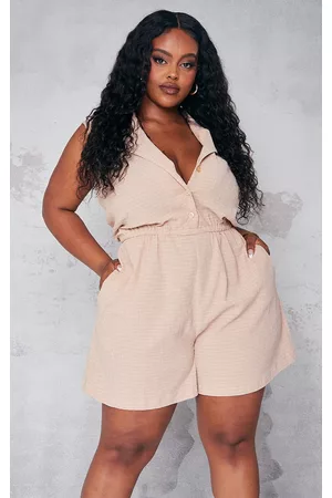 PRETTYLITTLETHING Women T-Shirts - Plus Taupe Textured Collar Detail Button Front Romper
