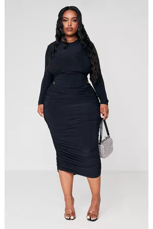 PRETTYLITTLETHING Plus Black Slinky Ruched Side Midaxi Skirt