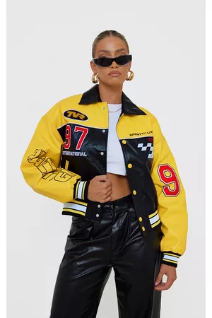 PRETTYLITTLETHING Women Leather Jackets - Yellow Faux Leather Motocross Racer Bomber Jacket