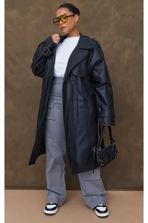 PRETTYLITTLETHING Plus Black Faux Leather Statement Buckle Trench Coat