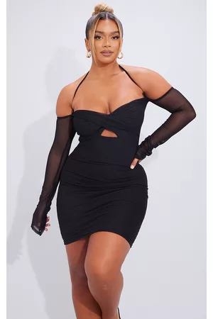 PRETTYLITTLETHING Shape Black Mesh Twist Cut Out Ruched Bodycon Dress