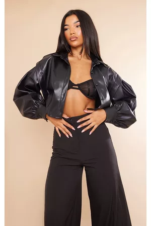 PRETTYLITTLETHING Women Leather Jackets - Black Shoulder Detail Cropped Faux Leather Jacket