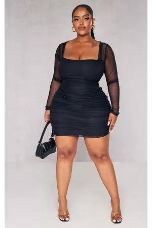 PRETTYLITTLETHING Plus Black Mesh Square Neck Ruched Bodycon Dress