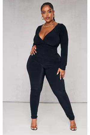 PRETTYLITTLETHING Plus Black Wrap Front Long Sleeve Catsuit