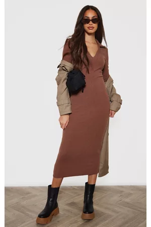 PRETTYLITTLETHING Tall Chocolate Plunge Polo Neck Midi Dress