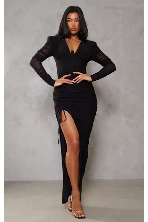 PRETTYLITTLETHING Women Underwire Dresses - Black Underwire Detail Ruched Mesh Midaxi Dress