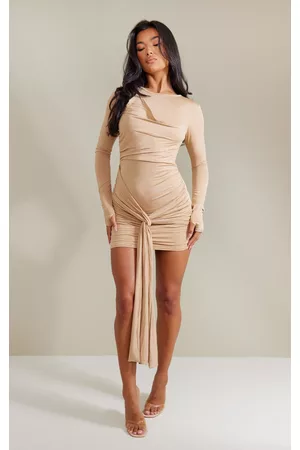 PRETTYLITTLETHING Stone Slinky Drape Detail Long Sleeve Bodycon Dress