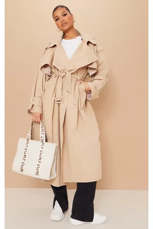 PRETTYLITTLETHING Women Trench Coats - Stone Woven Hooded Oversized Trench Coat