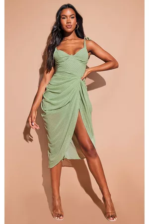 PrettyLittleThing Women Midi Dresses - Sage Green Polka Dot Draped Underwire Detail Midi Dress