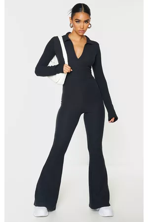 PRETTYLITTLETHING Women Jumpsuits - Black Rib Collar Detail Flare Leg Jumpsuit