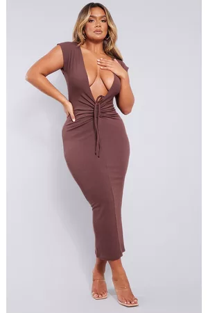 PRETTYLITTLETHING Women Dresses - Shape Chocolate Brown Soft Rib Plunge Ruched Midaxi Dress