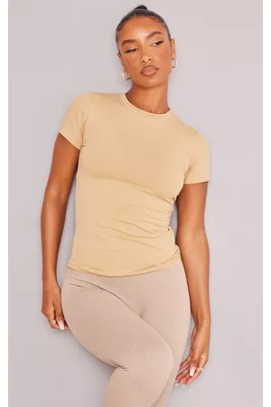 PRETTYLITTLETHING Women T-Shirts - Camel Basic Cotton Blend Fitted Crew Neck T Shirt