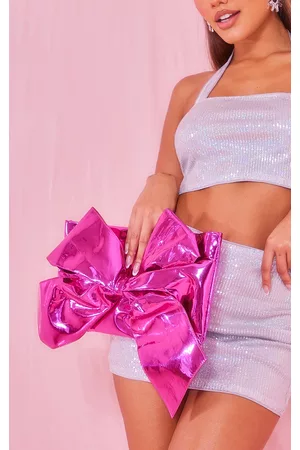 PRETTYLITTLETHING Women Clutches - Pink Metallic Oversized Bow Clutch Bag