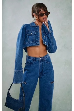PRETTYLITTLETHING Women Denim Jackets - Mid Blue Wash Denim Cuff Detail Cropped Jacket