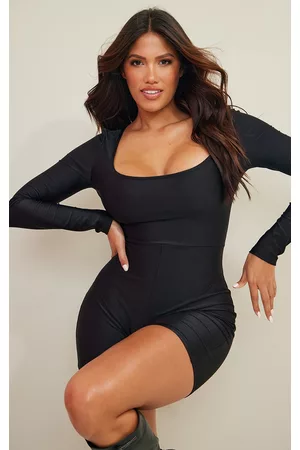 PRETTYLITTLETHING Women Long Sleeve Dresses - Shape Black Disco Square Neck Long Sleeve Unitard