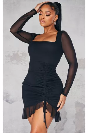PRETTYLITTLETHING Women Long Sleeve Bodycon Dresses - Shape Black Mesh Long Sleeve Ruched Side Frill Hem Bodycon Dress