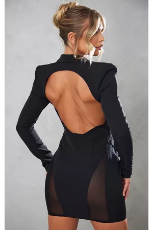 PRETTYLITTLETHING Women Blazer Dresses - Black Plunge Contrast Backless Mesh Panel Blazer Dress