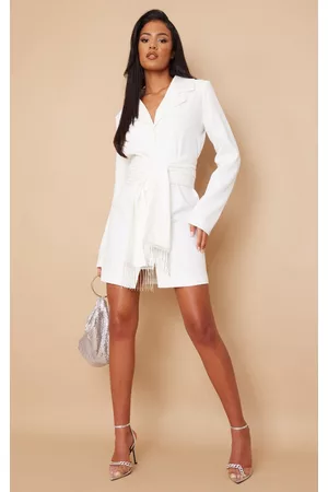 PRETTYLITTLETHING Women Blazer Dresses - Tall White Tie Waist Blazer Dress