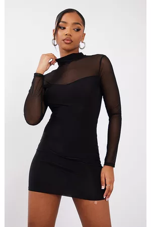 PRETTYLITTLETHING Women Long Sleeve Bodycon Dresses - Black Slinky Mesh Insert Long Sleeve Bodycon Dress