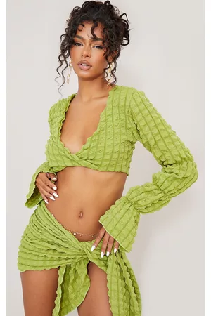 PRETTYLITTLETHING Women Long Sleeved Shirts - Olive Bubble Textured Long Sleeve Beach Top