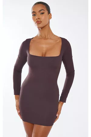 PRETTYLITTLETHING Chocolate Ribbed Underbust Detail Long Sleeve Bodycon Dress