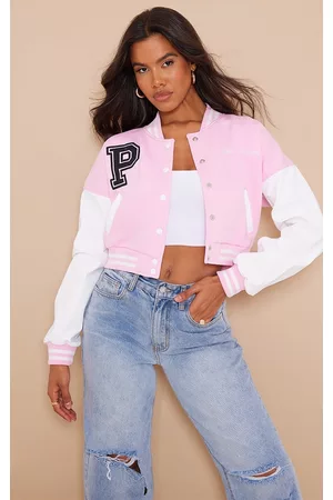 PRETTYLITTLETHING Women Bomber Jackets - Light Pink Varsity Graphic Contrast Sleeve Bomber Jacket