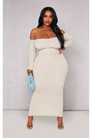 PRETTYLITTLETHING Plus Oatmeal Bardot Rib Long Sleeve Midi Dress