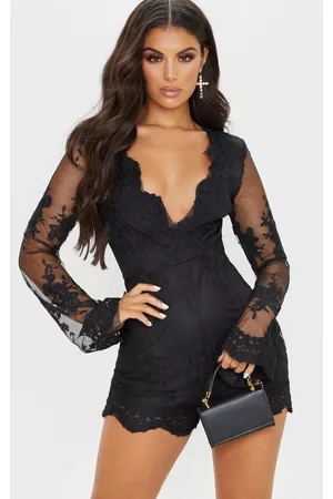 PRETTYLITTLETHING Women T-Shirts - Black Lace Bell Sleeve Romper