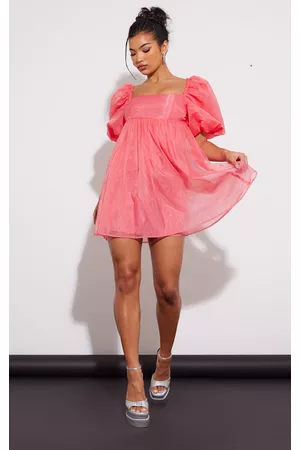 PRETTYLITTLETHING Women Puff Sleeve Dress - Pink Puff Sleeve Organza Shift Dress