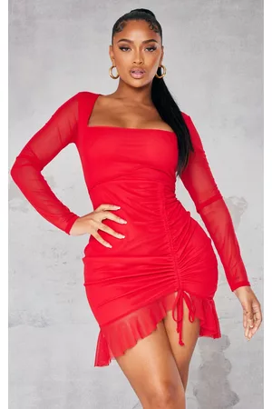 PRETTYLITTLETHING Shape Red Mesh Long Sleeve Ruched Side Frill Hem Bodycon Dress