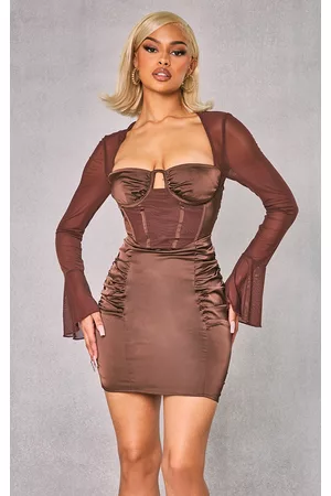 PRETTYLITTLETHING Women Bodycon Dresses - Chocolate Satin Corset Detail Lace Up Mesh Sleeve Bodycon Dress