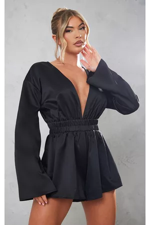 PRETTYLITTLETHING Women T-shirts - Black Satin Plunge Flare Sleeve Romper