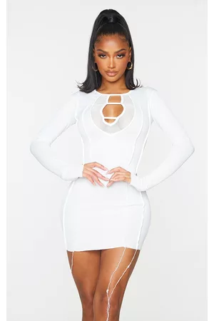PRETTYLITTLETHING Women Mesh bodycon dresses - Shape White Rib Mesh Panel Seam Detail Bodycon Dress