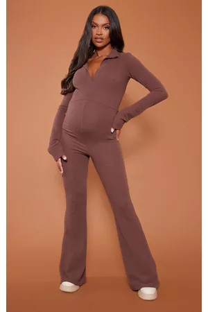 PRETTYLITTLETHING Women Jumpsuits - Maternity Chocolate Rib Collar Detail Flare Leg Jumpsuit