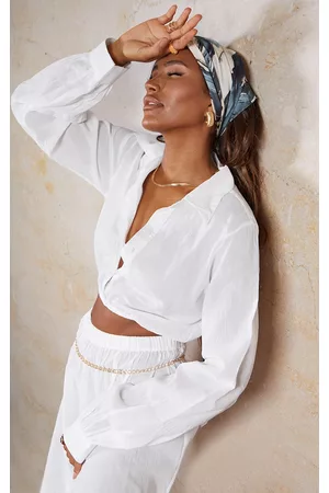 PRETTYLITTLETHING Women Shirts - White Linen Feel Button Front Cropped Shirt
