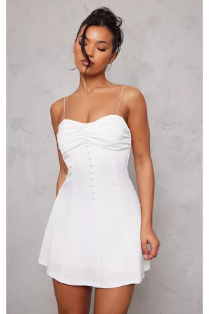 PRETTYLITTLETHING Women Bodycon Dresses - White Satin Diamante Strap Button Detail Bodycon Dress