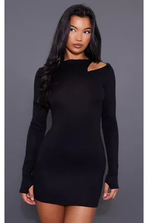 PRETTYLITTLETHING Women Long Sleeve Bodycon Dresses - Black Binding Cut Out Detail Long Sleeve Bodycon Dress