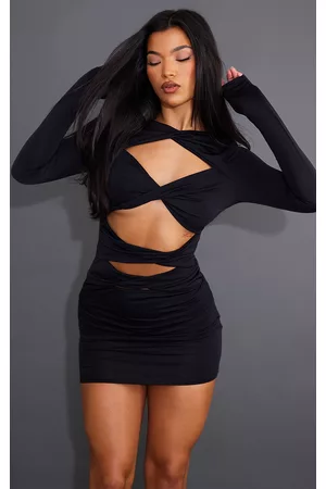 PRETTYLITTLETHING Black Slinky Twist Cut Out Long Sleeve Bodycon Dress