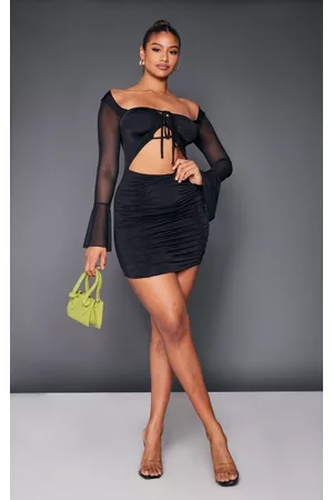 PRETTYLITTLETHING Black Slinky Cut Out Detail Mesh Sleeve Bodycon Dress