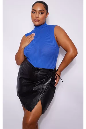 PRETTYLITTLETHING Plus Black Faux Leather Croc Embossed Tie Detail Wrap Micro Mini Skirt