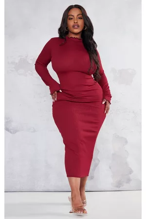 PRETTYLITTLETHING Plus Berry Rib Lettuce Hem Long Sleeve Midaxi Dress