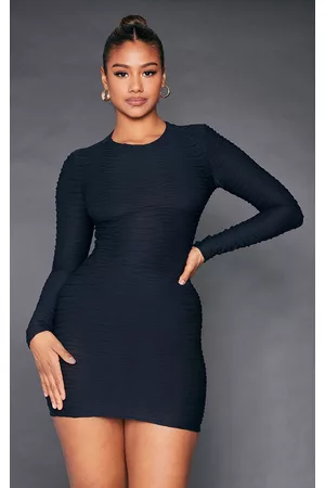 PRETTYLITTLETHING Women Long Sleeve Bodycon Dresses - Black Textured Crew Neck Long Sleeve Bodycon Dress