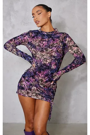 PRETTYLITTLETHING Multi Flocked Mesh Ruched Long Sleeve Bodycon Dress
