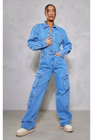 PRETTYLITTLETHING Women Wide Leg Jeans - Mid Blue Wash Cargo Pocket Detail Wide Leg Denim Jumpsuit