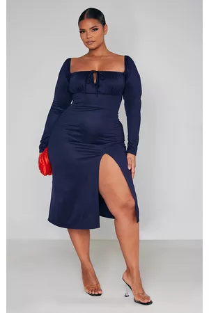 PRETTYLITTLETHING Plus Navy Puff Sleeve Tie Front Midi Dress
