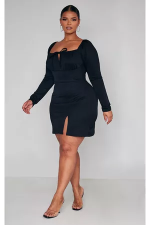 PRETTYLITTLETHING Plus Black Puff Sleeve Tie Front Bodycon Dress